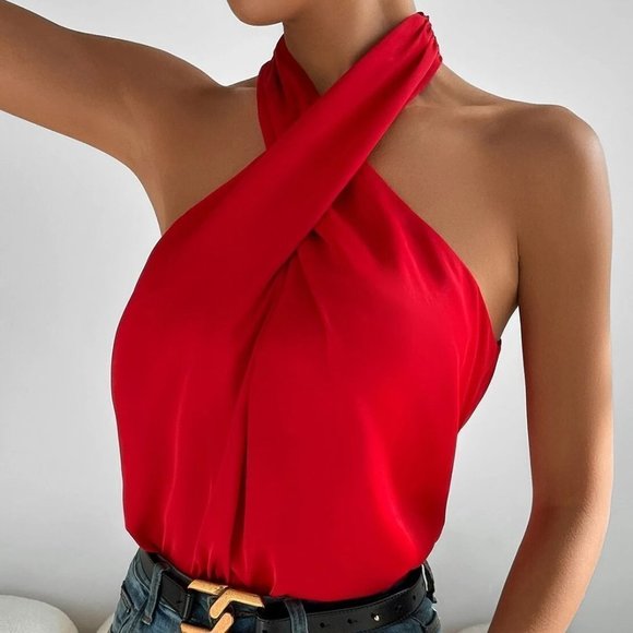Chic Cross Front Backless Halter Top Red - Picture 3 of 6